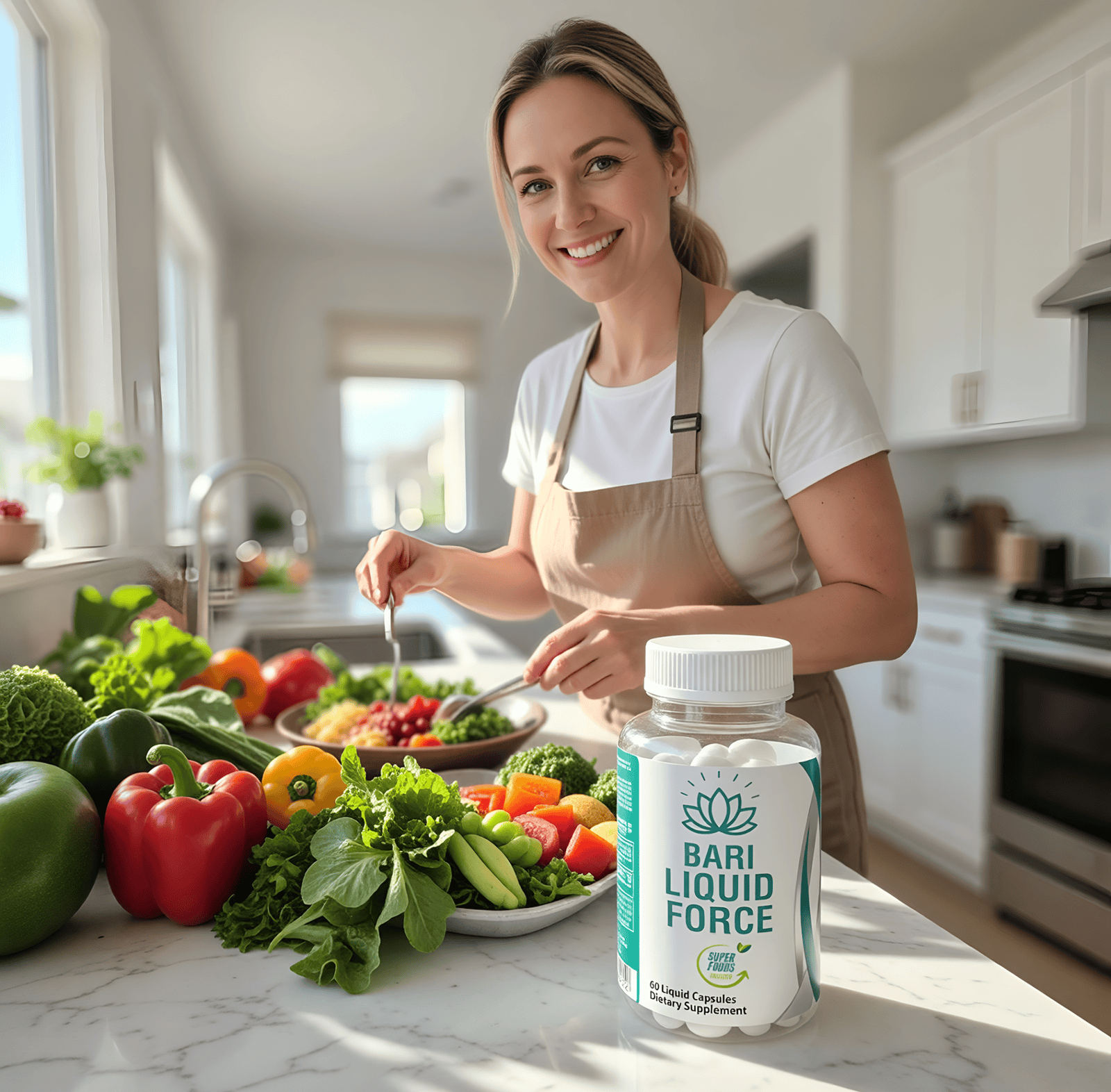 Healthy vegetables and Bari Liquid Force supplement for wellness and nutrition.