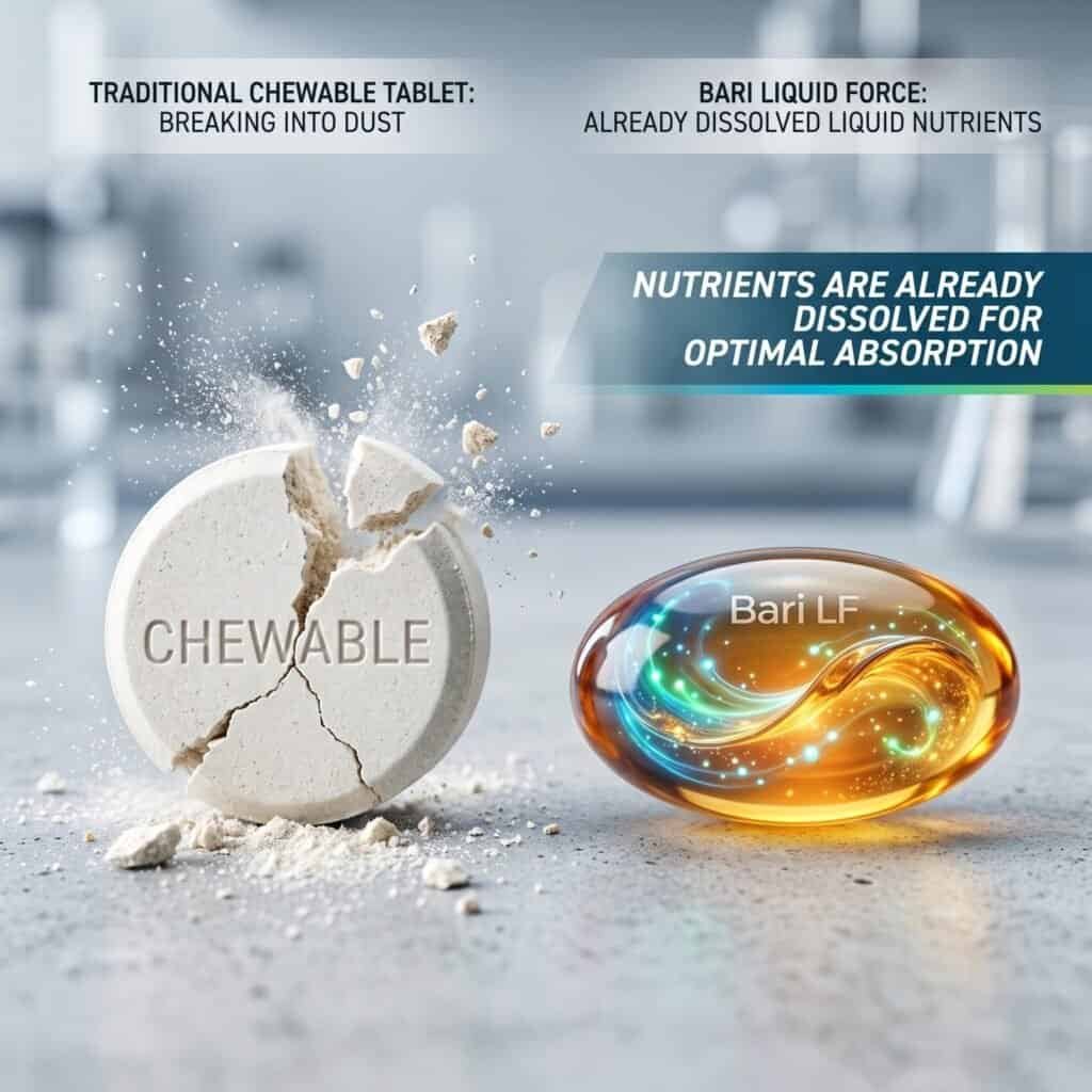 Chewable tablet breaking into dust next to liquid nutrient capsule for medical absorption.